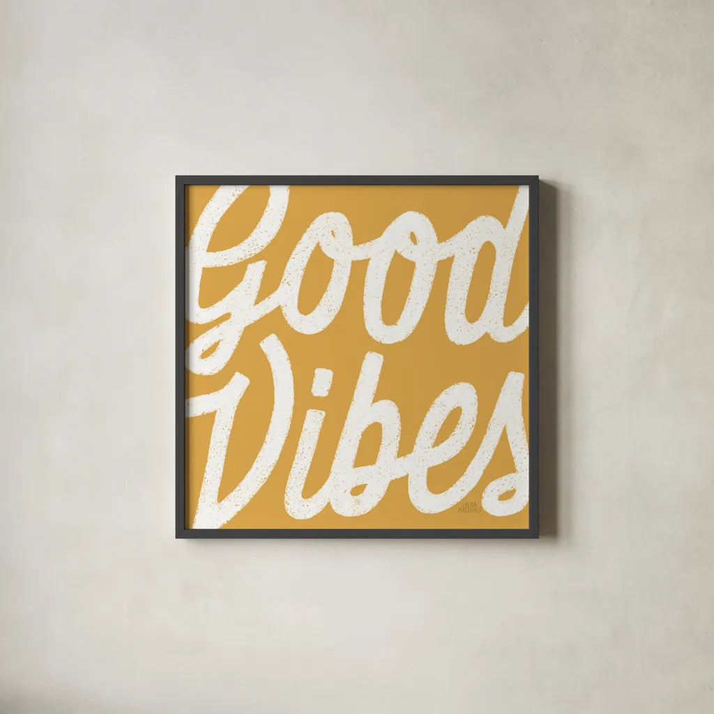 Positivity I Yellow by Laura Marshall. Shown in a sleek black glass frame for a contemporary gallery look. Available as an archival giclee rolled canvas, fine art paper, or poster print. SKU 53854a.