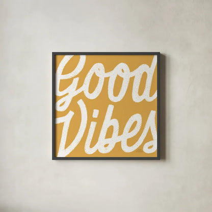 Positivity I Yellow by Laura Marshall. Shown in a sleek black glass frame for a contemporary gallery look. Available as an archival giclee rolled canvas, fine art paper, or poster print. SKU 53854a.