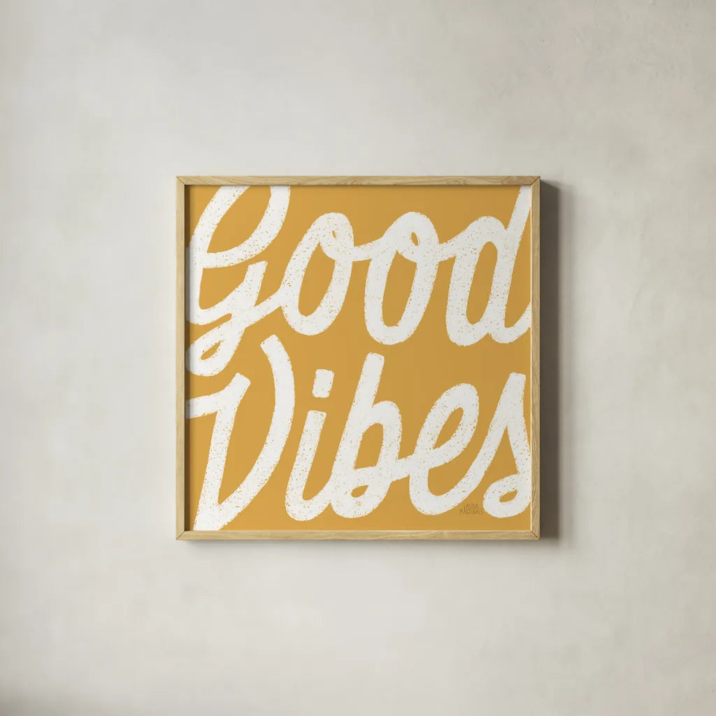 Positivity I Yellow by Laura Marshall. Shown in a natural wood glass frame for a timeless modern aesthetic. Available as an archival giclee rolled canvas, fine art paper, or poster print. SKU 53854a.