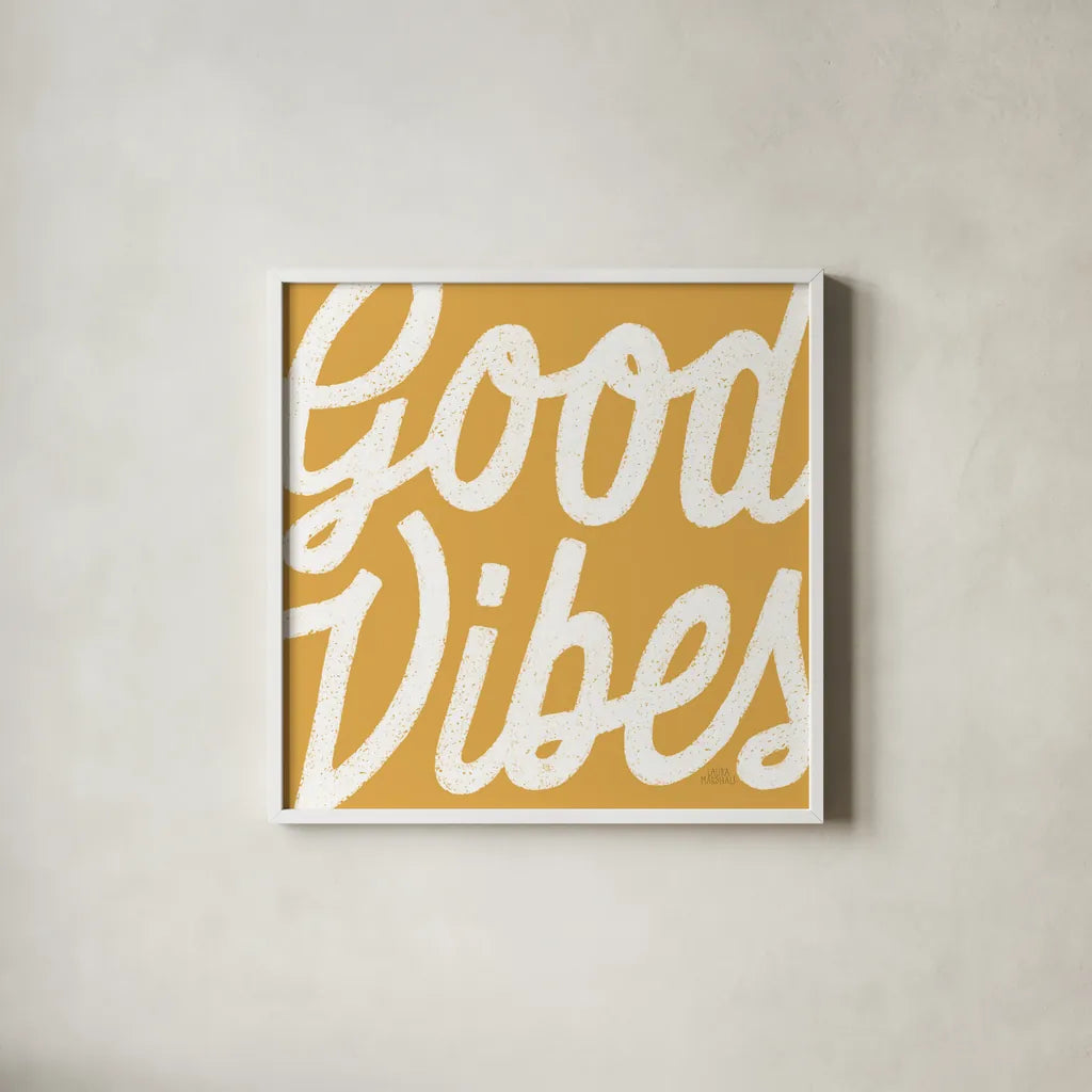 Positivity I Yellow by Laura Marshall. Shown in a crisp white glass frame for a clean and minimalist style. Available as an archival giclee rolled canvas, fine art paper, or poster print. SKU 53854a.