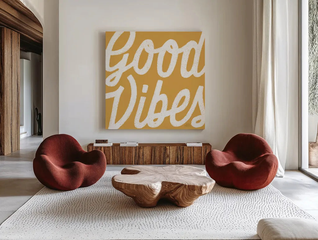 Positivity I Yellow by Laura Marshall. Shown as extra-large giant wall art in a modern living room. Available as an archival giclee rolled canvas, fine art paper, or poster print. SKU 53854a.