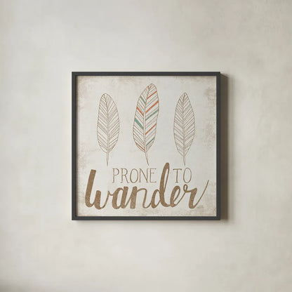 Prone to Wander Beige by Laura Marshall. Shown in a sleek black glass frame for a contemporary gallery look. Available as an archival giclee rolled canvas, fine art paper, or poster print. SKU 35060a.
