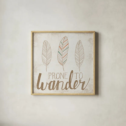 Prone to Wander Beige by Laura Marshall. Shown in a natural wood glass frame for a timeless modern aesthetic. Available as an archival giclee rolled canvas, fine art paper, or poster print. SKU 35060a.