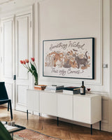 Pumpkins and Paws I by Laura Marshall. shown as a framed stretched canvas in a living room above a console. Available as a archival giclee rolled canvas, fine art paper, or poster print. SKU 95559i.
