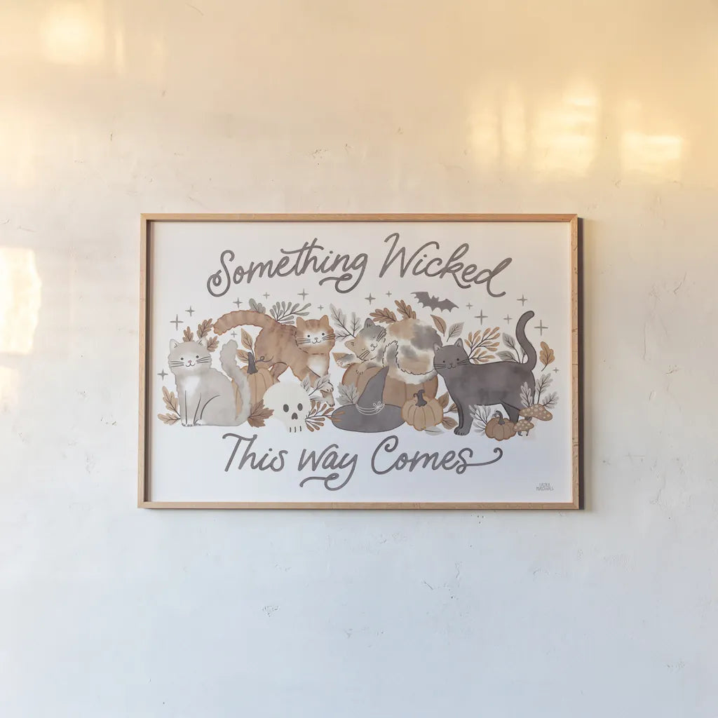 Pumpkins and Paws I by Laura Marshall. shown as a paper print in a natural frame. Available as a archival giclee rolled canvas, fine art paper, or poster print. SKU 95559i.