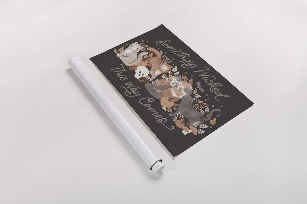 Pumpkins and Paws I Dark by Laura Marshall. shown as a rolled paper print. Available as archival giclee rolled canvas, fine art paper, or poster print. SKU 95560i.