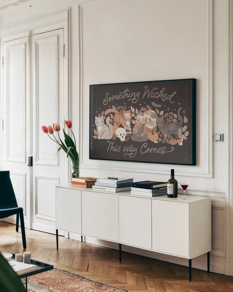 Pumpkins and Paws I Dark by Laura Marshall. shown as a framed stretched canvas in a living room above a console. Available as a archival giclee rolled canvas, fine art paper, or poster print. SKU 95560i.