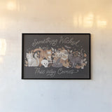 Pumpkins and Paws I Dark by Laura Marshall. shown as a paper print in a black flame. Available as a archival giclee rolled canvas, fine art paper, or poster print. SKU 95560i.
