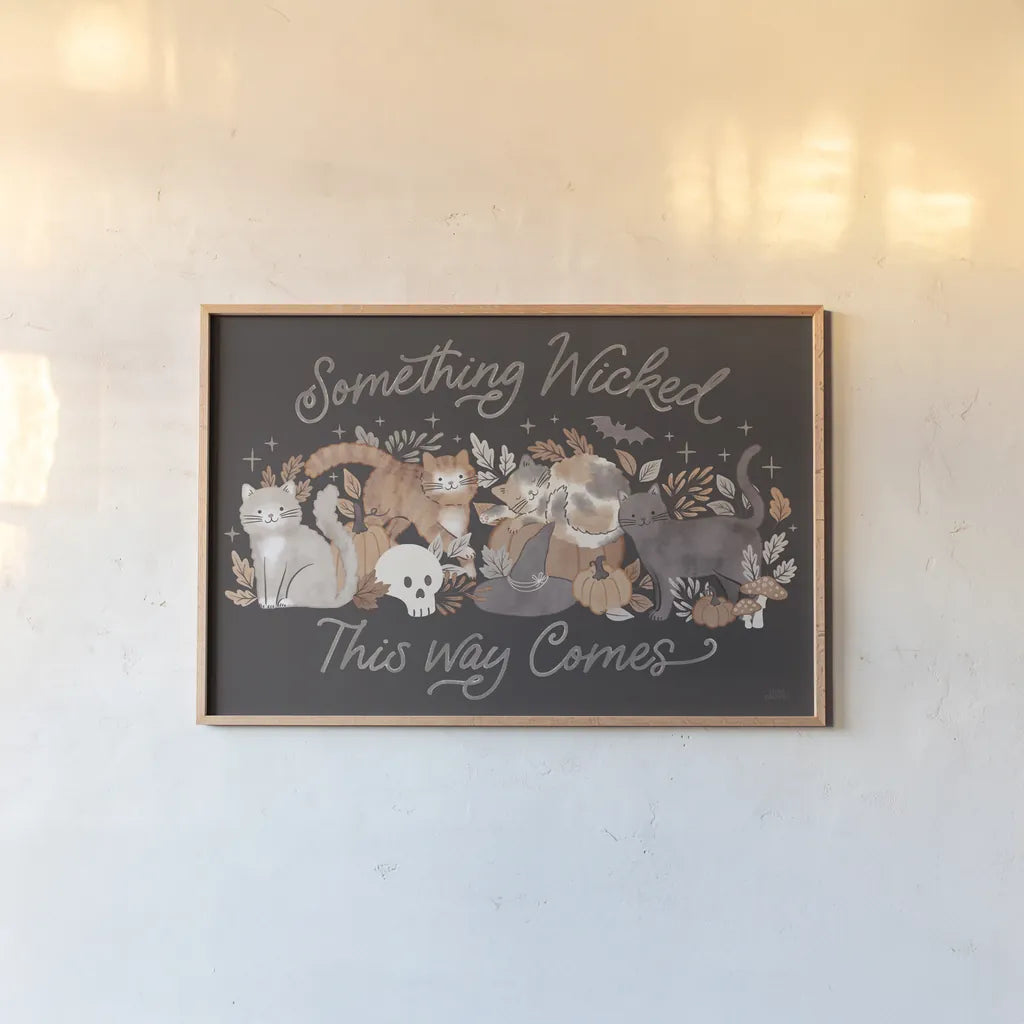 Pumpkins and Paws I Dark by Laura Marshall. shown as a paper print in a natural frame. Available as a archival giclee rolled canvas, fine art paper, or poster print. SKU 95560i.