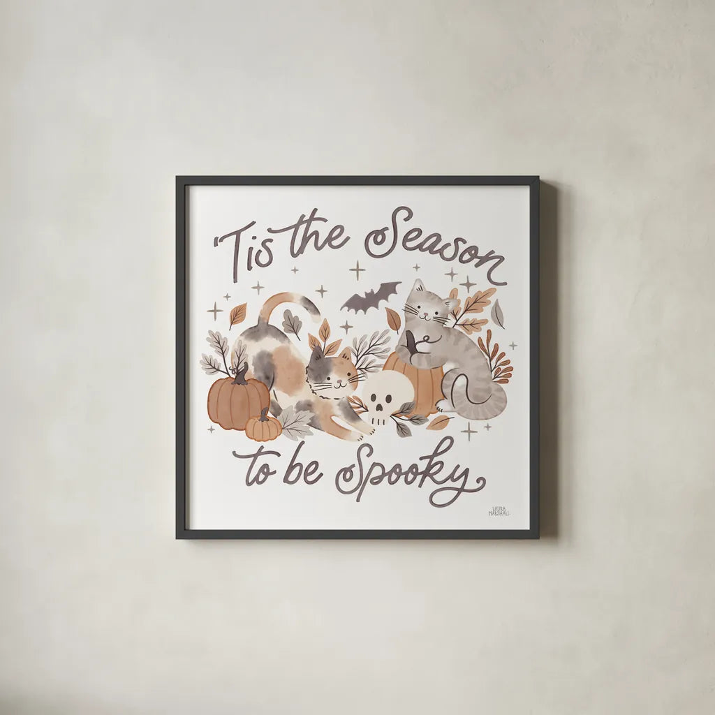 Pumpkins and Paws II by Laura Marshall. Shown in a sleek black glass frame for a contemporary gallery look. Available as an archival giclee rolled canvas, fine art paper, or poster print. SKU 95561a.