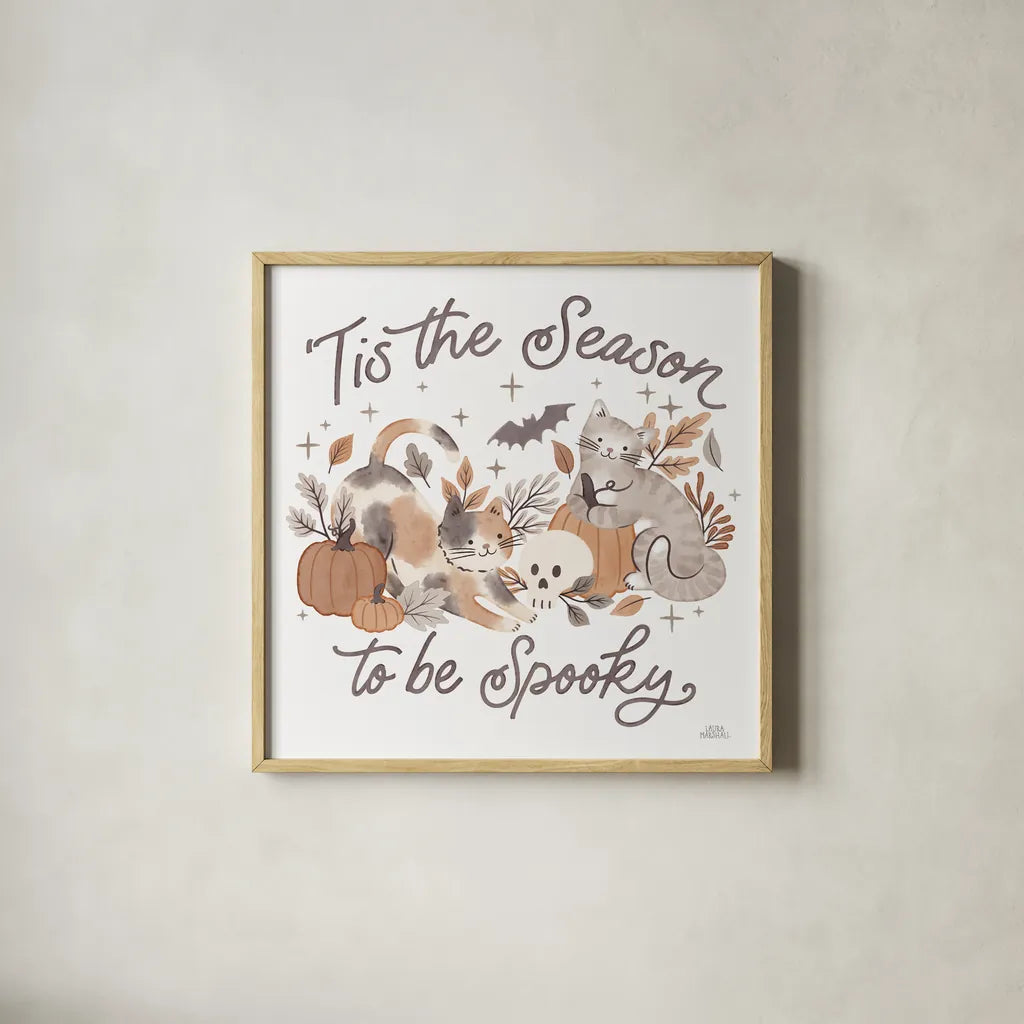 Pumpkins and Paws II by Laura Marshall. Shown in a natural wood glass frame for a timeless modern aesthetic. Available as an archival giclee rolled canvas, fine art paper, or poster print. SKU 95561a.