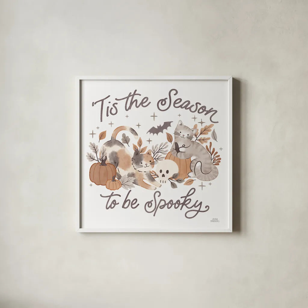 Pumpkins and Paws II by Laura Marshall. Shown in a crisp white glass frame for a clean and minimalist style. Available as an archival giclee rolled canvas, fine art paper, or poster print. SKU 95561a.