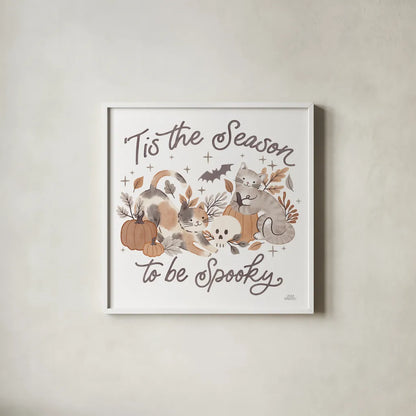 Pumpkins and Paws II by Laura Marshall. Shown in a crisp white glass frame for a clean and minimalist style. Available as an archival giclee rolled canvas, fine art paper, or poster print. SKU 95561a.