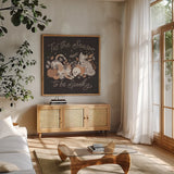 Pumpkins and Paws II Dark by Laura Marshall. Shown in a natural wood frame in a cozy modern living room. Available as an archival giclee rolled canvas, fine art paper, or poster print. SKU 95562a.