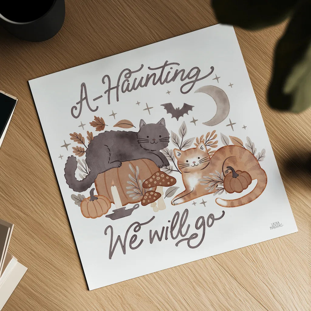 Pumpkins and Paws III by Laura Marshall. Shown as a detailed flat fine art print, highlighting archival giclee quality. Available as an archival giclee rolled canvas, fine art paper, or poster print. SKU 95563a.