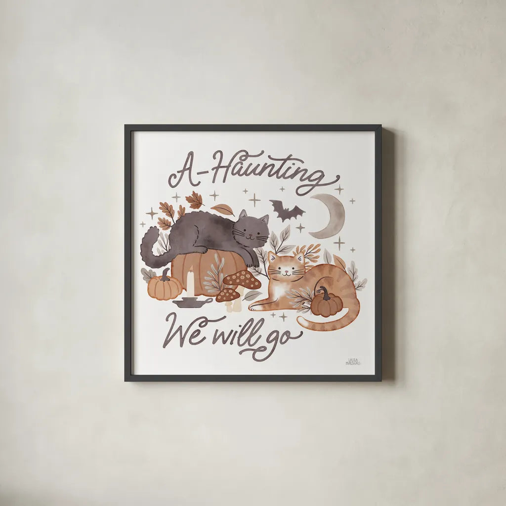 Pumpkins and Paws III by Laura Marshall. Shown in a sleek black glass frame for a contemporary gallery look. Available as an archival giclee rolled canvas, fine art paper, or poster print. SKU 95563a.