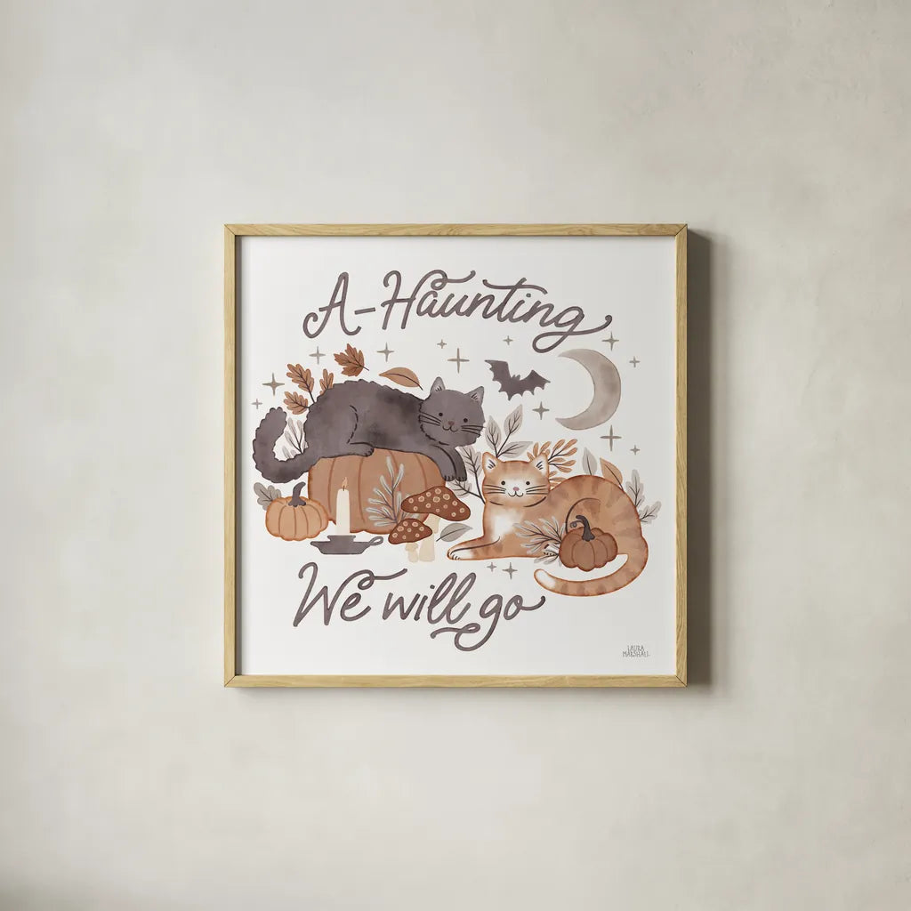 Pumpkins and Paws III by Laura Marshall. Shown in a natural wood glass frame for a timeless modern aesthetic. Available as an archival giclee rolled canvas, fine art paper, or poster print. SKU 95563a.