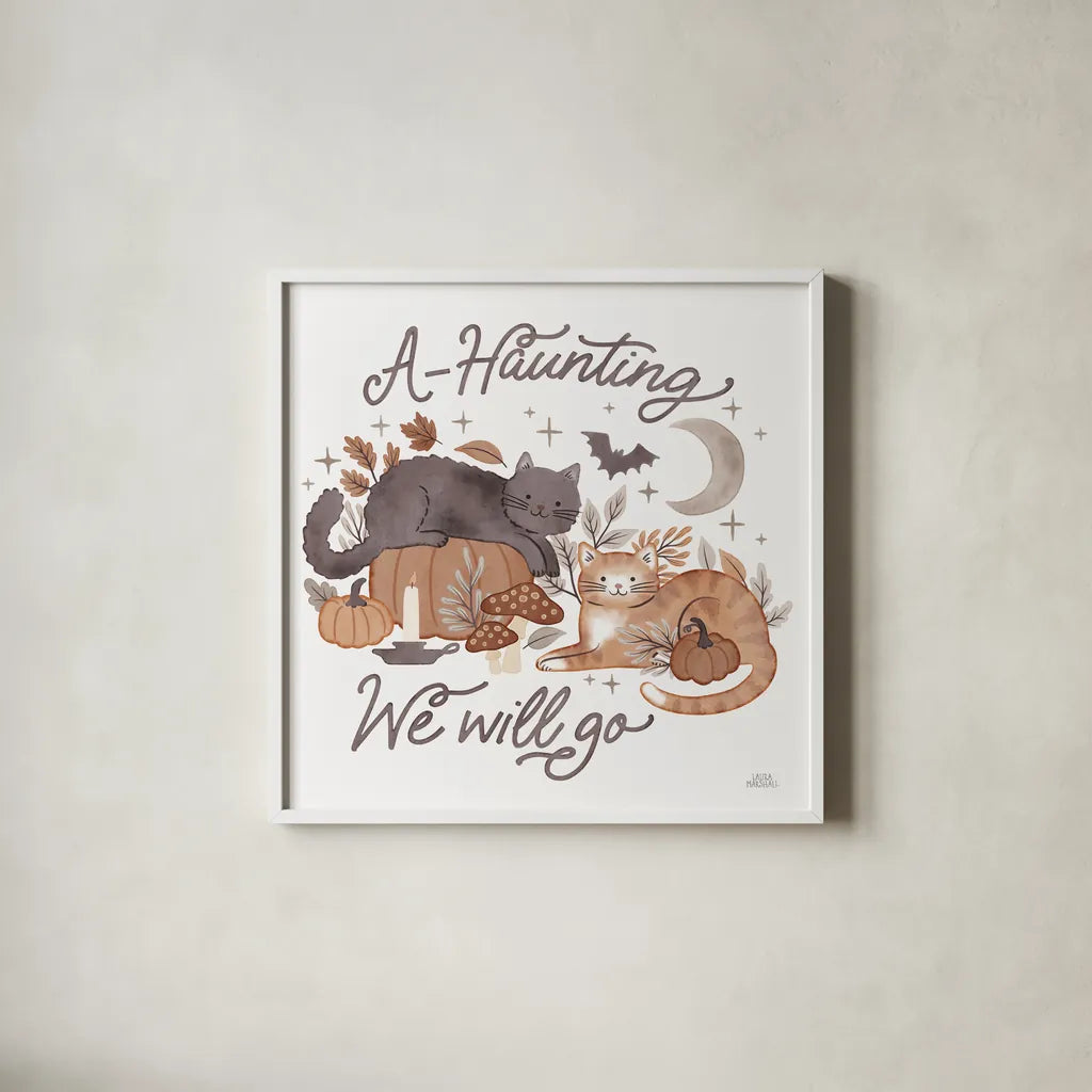 Pumpkins and Paws III by Laura Marshall. Shown in a crisp white glass frame for a clean and minimalist style. Available as an archival giclee rolled canvas, fine art paper, or poster print. SKU 95563a.