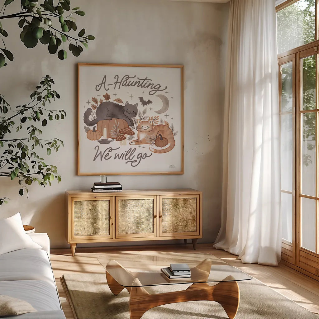 Pumpkins and Paws III by Laura Marshall. Shown in a natural wood frame in a cozy modern living room. Available as an archival giclee rolled canvas, fine art paper, or poster print. SKU 95563a.