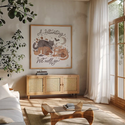 Pumpkins and Paws III by Laura Marshall. Shown in a natural wood frame in a cozy modern living room. Available as an archival giclee rolled canvas, fine art paper, or poster print. SKU 95563a.