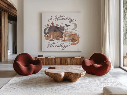 Pumpkins and Paws III by Laura Marshall. Shown as extra-large giant wall art in a modern living room. Available as an archival giclee rolled canvas, fine art paper, or poster print. SKU 95563a.
