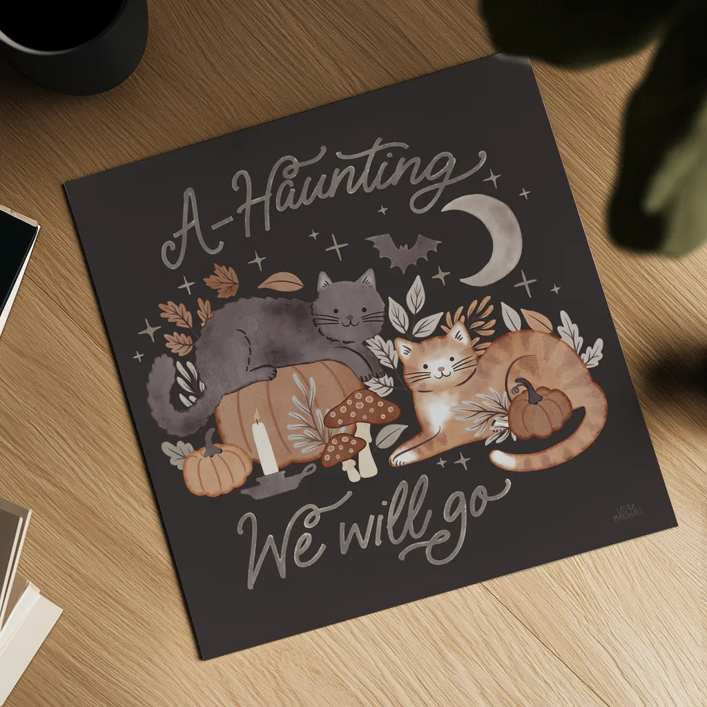 Pumpkins and Paws III Dark by Laura Marshall. Shown as a detailed flat fine art print, highlighting archival giclee quality. Available as an archival giclee rolled canvas, fine art paper, or poster print. SKU 95564a.