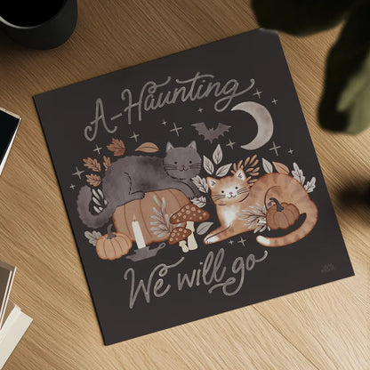 Pumpkins and Paws III Dark by Laura Marshall. Shown as a detailed flat fine art print, highlighting archival giclee quality. Available as an archival giclee rolled canvas, fine art paper, or poster print. SKU 95564a.