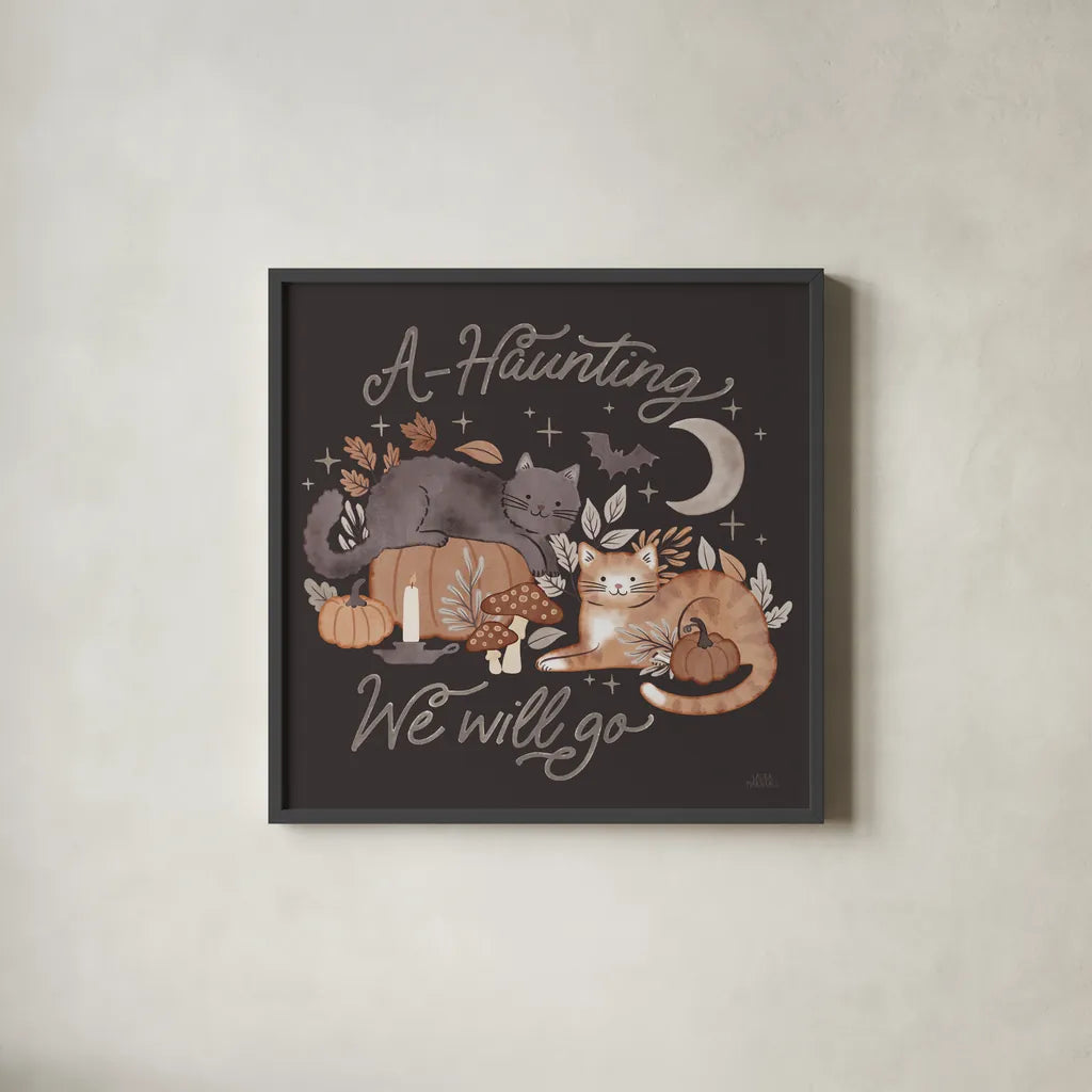 Pumpkins and Paws III Dark by Laura Marshall. Shown in a sleek black glass frame for a contemporary gallery look. Available as an archival giclee rolled canvas, fine art paper, or poster print. SKU 95564a.