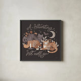 Pumpkins and Paws III Dark by Laura Marshall. Shown in a sleek black glass frame for a contemporary gallery look. Available as an archival giclee rolled canvas, fine art paper, or poster print. SKU 95564a.