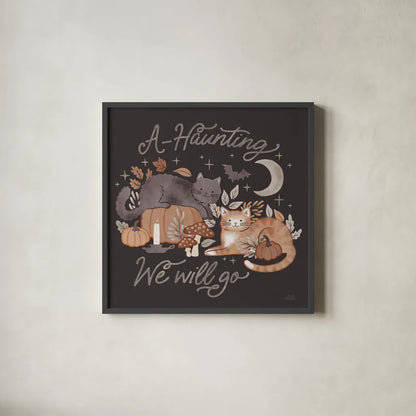 Pumpkins and Paws III Dark by Laura Marshall. Shown in a sleek black glass frame for a contemporary gallery look. Available as an archival giclee rolled canvas, fine art paper, or poster print. SKU 95564a.