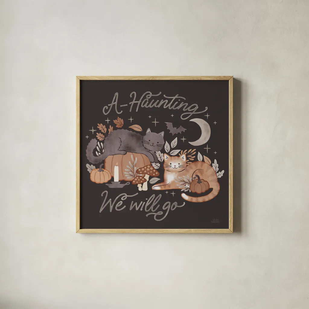 Pumpkins and Paws III Dark by Laura Marshall. Shown in a natural wood glass frame for a timeless modern aesthetic. Available as an archival giclee rolled canvas, fine art paper, or poster print. SKU 95564a.