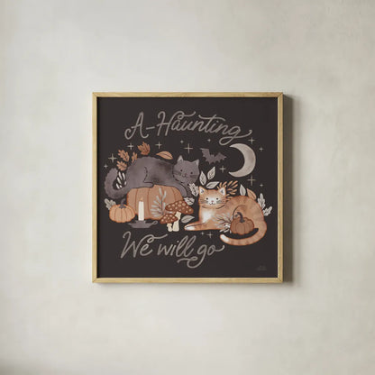 Pumpkins and Paws III Dark by Laura Marshall. Shown in a natural wood glass frame for a timeless modern aesthetic. Available as an archival giclee rolled canvas, fine art paper, or poster print. SKU 95564a.