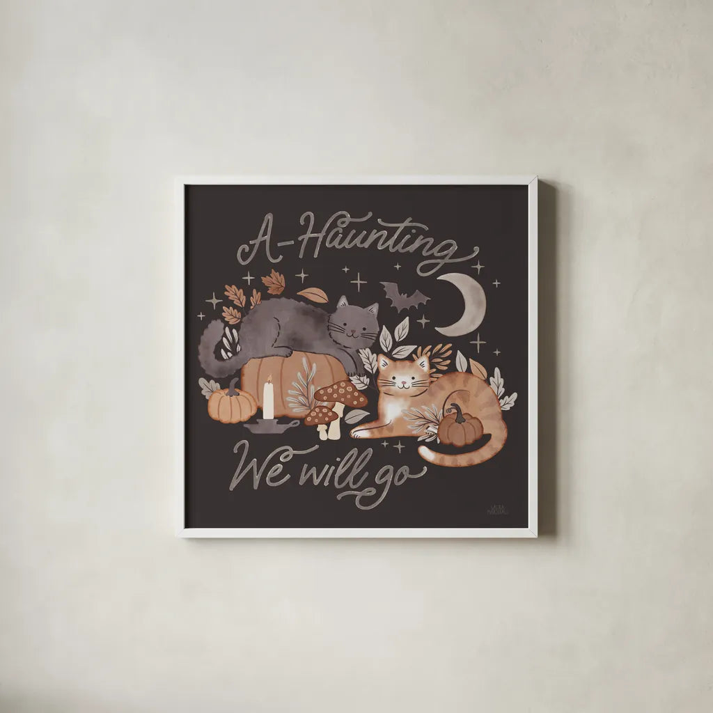 Pumpkins and Paws III Dark by Laura Marshall. Shown in a crisp white glass frame for a clean and minimalist style. Available as an archival giclee rolled canvas, fine art paper, or poster print. SKU 95564a.