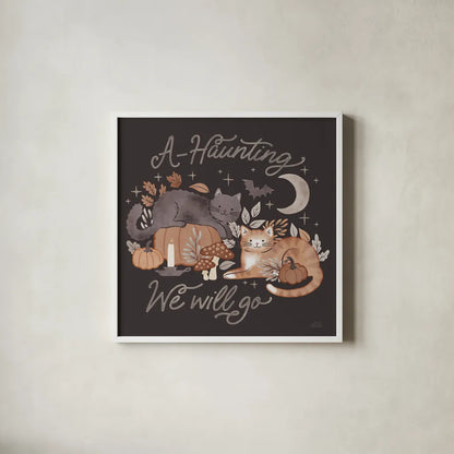 Pumpkins and Paws III Dark by Laura Marshall. Shown in a crisp white glass frame for a clean and minimalist style. Available as an archival giclee rolled canvas, fine art paper, or poster print. SKU 95564a.