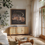 Pumpkins and Paws III Dark by Laura Marshall. Shown in a natural wood frame in a cozy modern living room. Available as an archival giclee rolled canvas, fine art paper, or poster print. SKU 95564a.