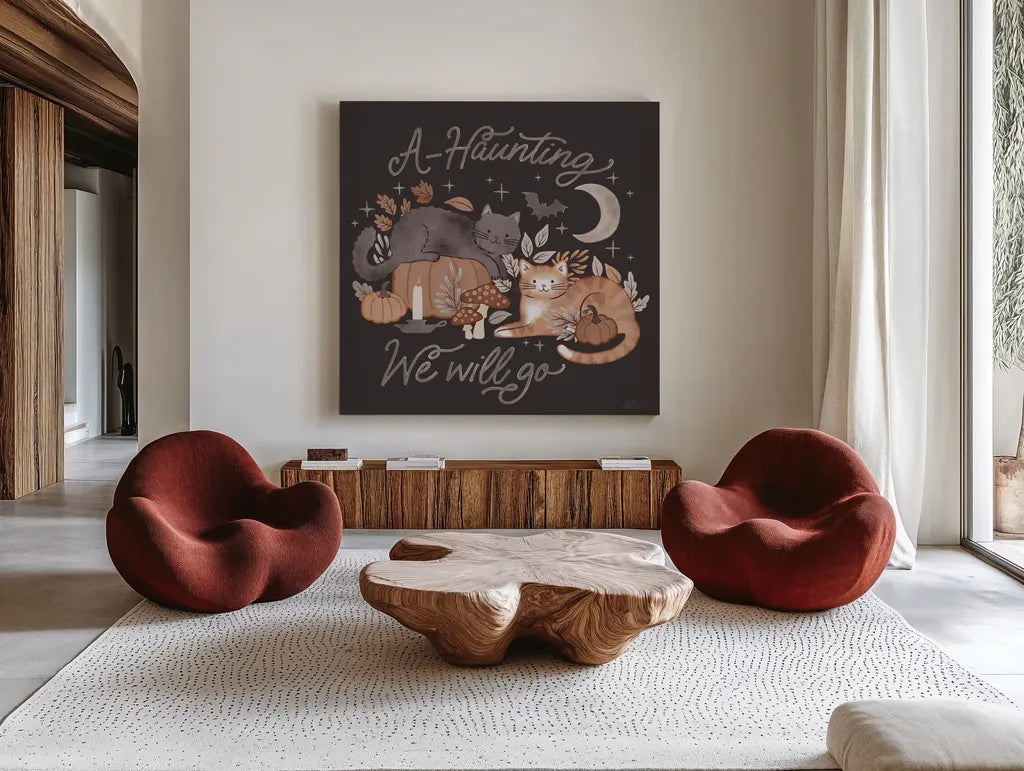 Pumpkins and Paws III Dark by Laura Marshall. Shown as extra-large giant wall art in a modern living room. Available as an archival giclee rolled canvas, fine art paper, or poster print. SKU 95564a.