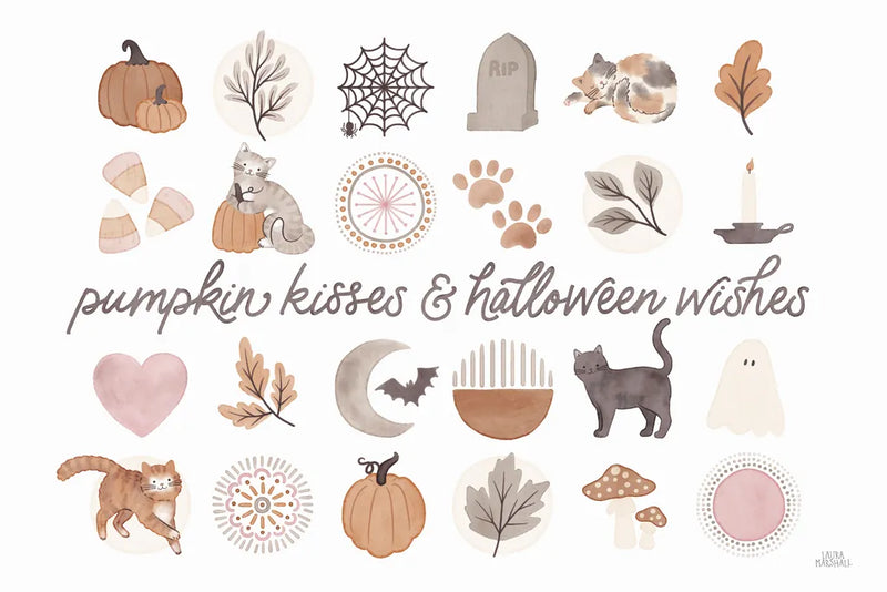 Pumpkins and Paws IV by Laura Marshall. SKU 95565i. Archival Giclee Fine art print for wall decor.