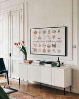 Pumpkins and Paws IV by Laura Marshall. shown as a framed stretched canvas in a living room above a console. Available as a archival giclee rolled canvas, fine art paper, or poster print. SKU 95565i.