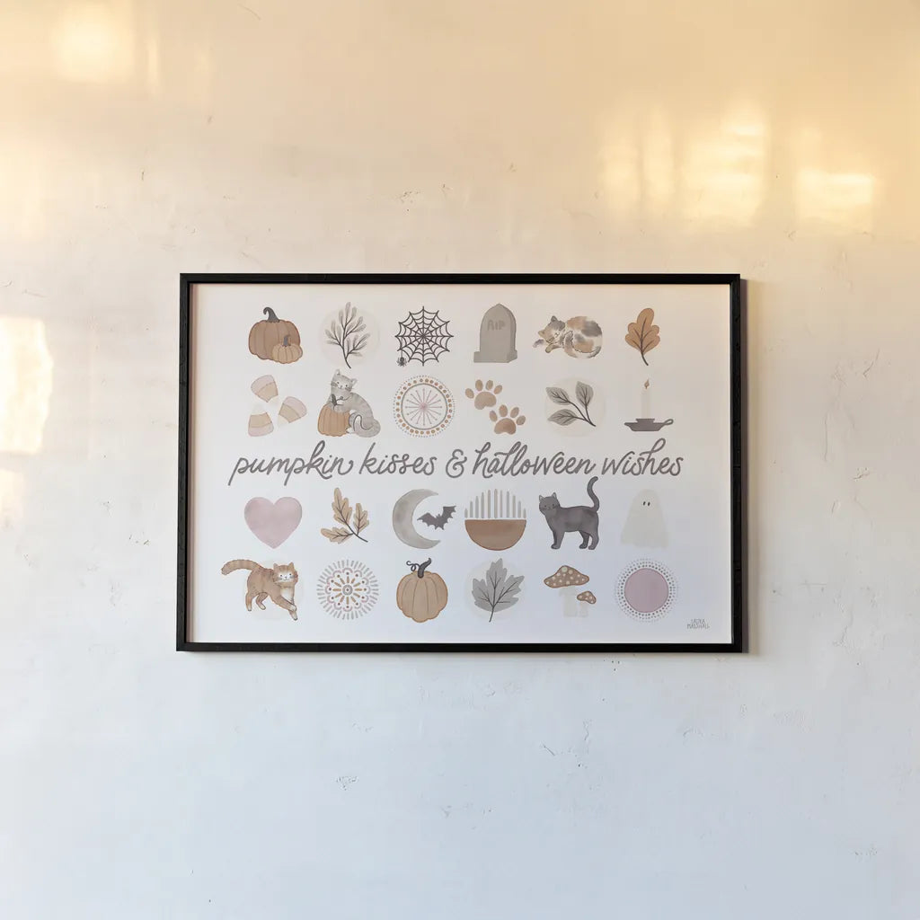 Pumpkins and Paws IV by Laura Marshall. shown as a paper print in a black flame. Available as a archival giclee rolled canvas, fine art paper, or poster print. SKU 95565i.