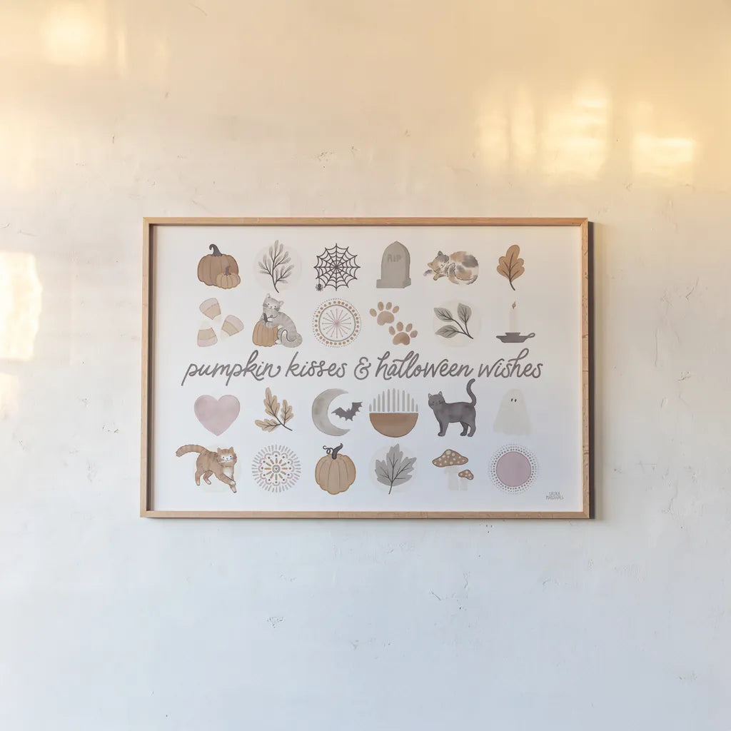 Pumpkins and Paws IV by Laura Marshall. shown as a paper print in a natural frame. Available as a archival giclee rolled canvas, fine art paper, or poster print. SKU 95565i.