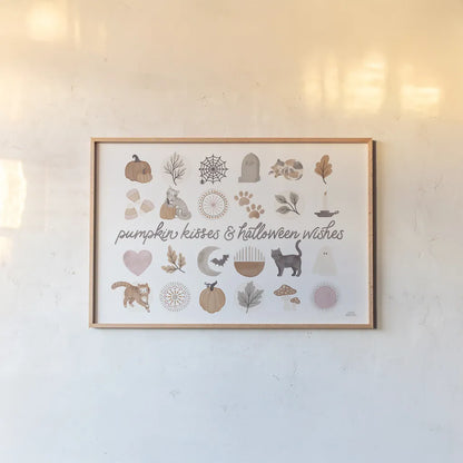 Pumpkins and Paws IV by Laura Marshall. shown as a paper print in a natural frame. Available as a archival giclee rolled canvas, fine art paper, or poster print. SKU 95565i.