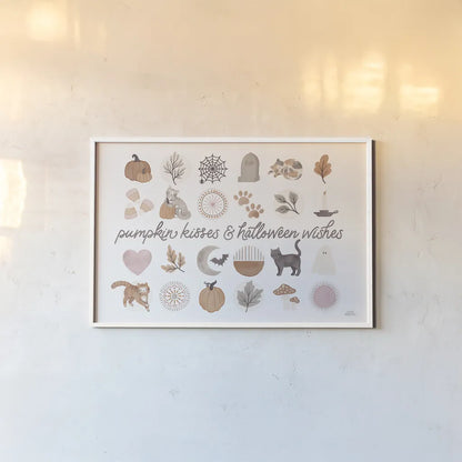 Pumpkins and Paws IV by Laura Marshall. shown as a paper print in a white frame. Available as a archival giclee rolled canvas, fine art paper, or poster print. SKU 95565i.