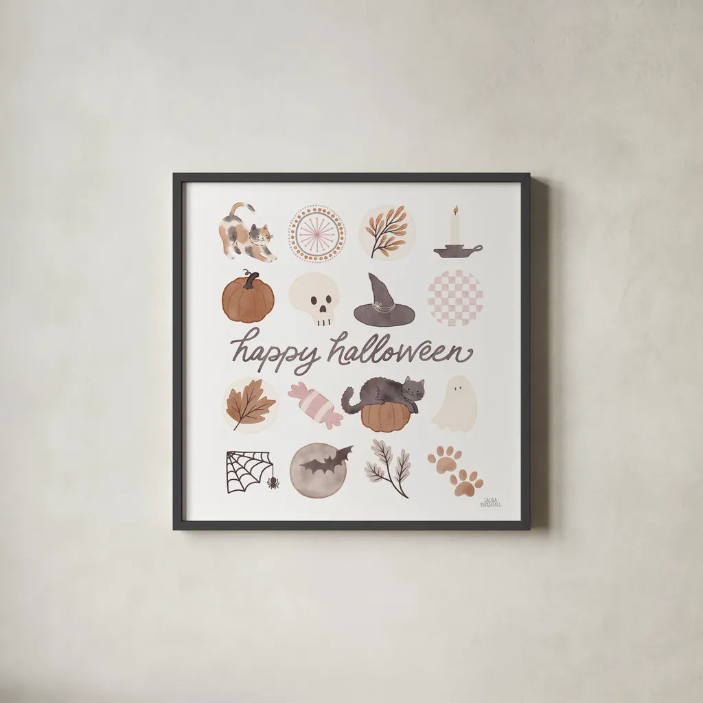 Pumpkins and Paws V by Laura Marshall. Shown in a sleek black glass frame for a contemporary gallery look. Available as an archival giclee rolled canvas, fine art paper, or poster print. SKU 95566a.