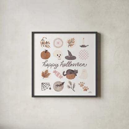 Pumpkins and Paws V by Laura Marshall. Shown in a sleek black glass frame for a contemporary gallery look. Available as an archival giclee rolled canvas, fine art paper, or poster print. SKU 95566a.