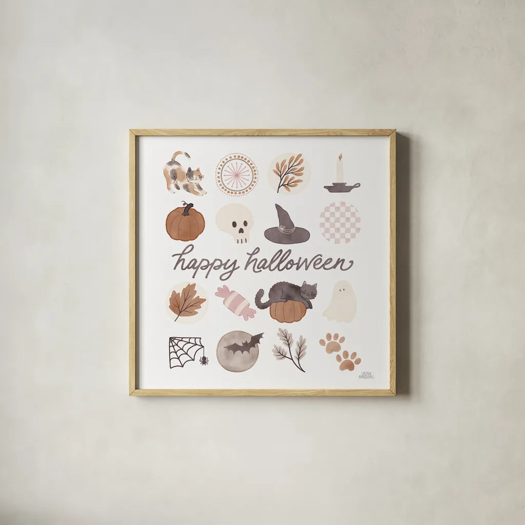 Pumpkins and Paws V by Laura Marshall. Shown in a natural wood glass frame for a timeless modern aesthetic. Available as an archival giclee rolled canvas, fine art paper, or poster print. SKU 95566a.