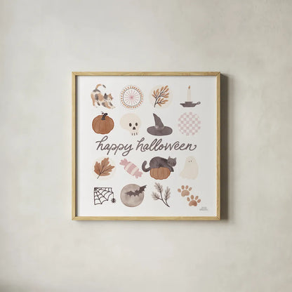 Pumpkins and Paws V by Laura Marshall. Shown in a natural wood glass frame for a timeless modern aesthetic. Available as an archival giclee rolled canvas, fine art paper, or poster print. SKU 95566a.