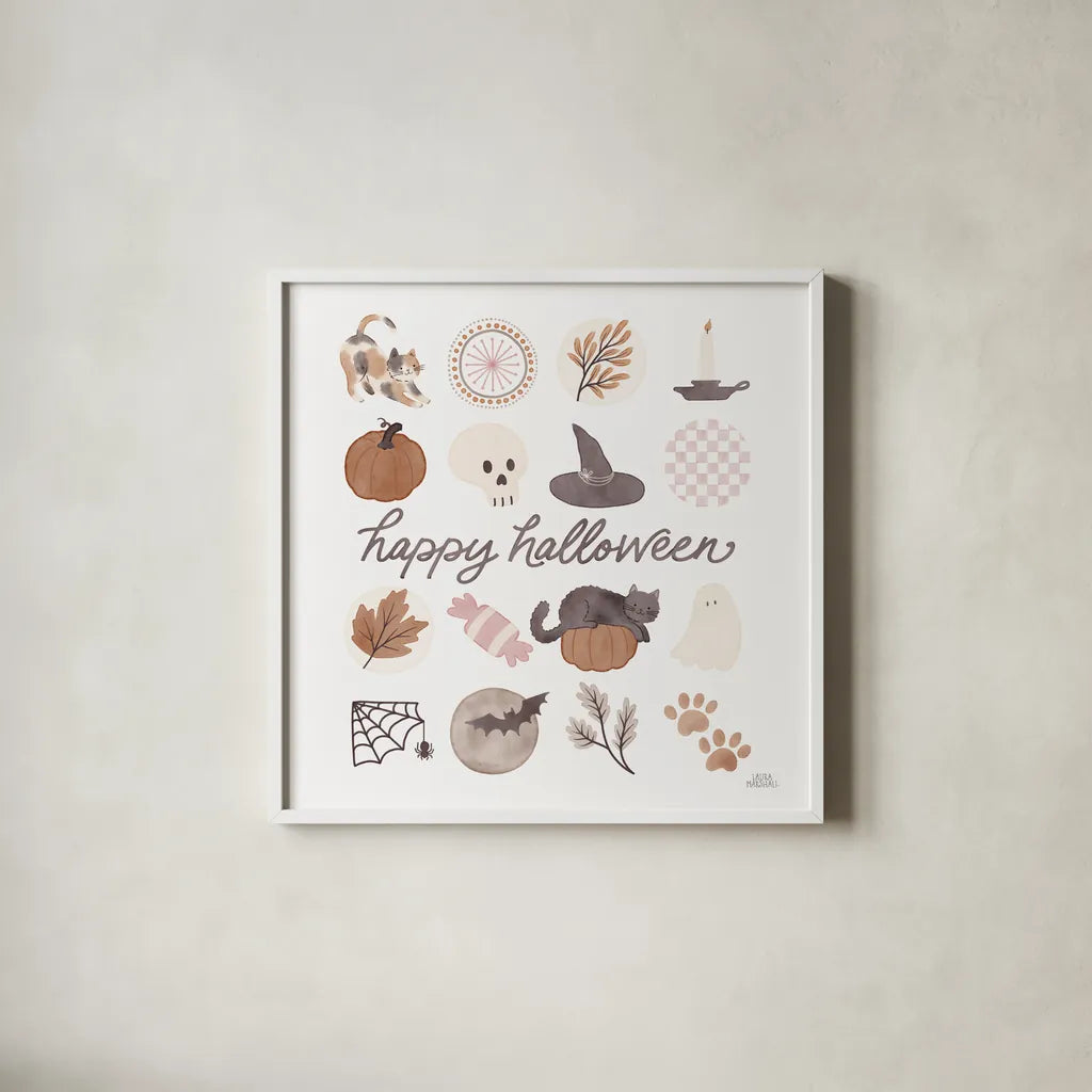 Pumpkins and Paws V by Laura Marshall. Shown in a crisp white glass frame for a clean and minimalist style. Available as an archival giclee rolled canvas, fine art paper, or poster print. SKU 95566a.