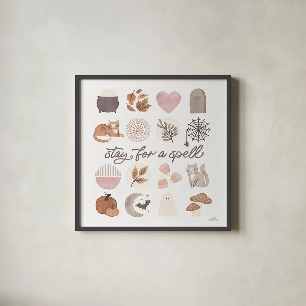 Pumpkins and Paws VI by Laura Marshall. Shown in a sleek black glass frame for a contemporary gallery look. Available as an archival giclee rolled canvas, fine art paper, or poster print. SKU 95567a.