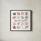 Pumpkins and Paws VI by Laura Marshall. Shown in a sleek black glass frame for a contemporary gallery look. Available as an archival giclee rolled canvas, fine art paper, or poster print. SKU 95567a.