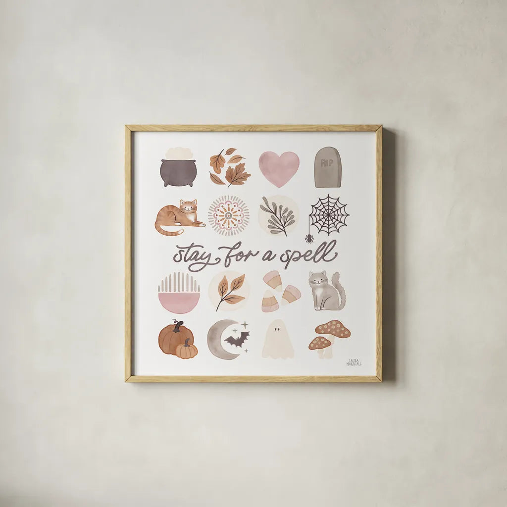 Pumpkins and Paws VI by Laura Marshall. Shown in a natural wood glass frame for a timeless modern aesthetic. Available as an archival giclee rolled canvas, fine art paper, or poster print. SKU 95567a.